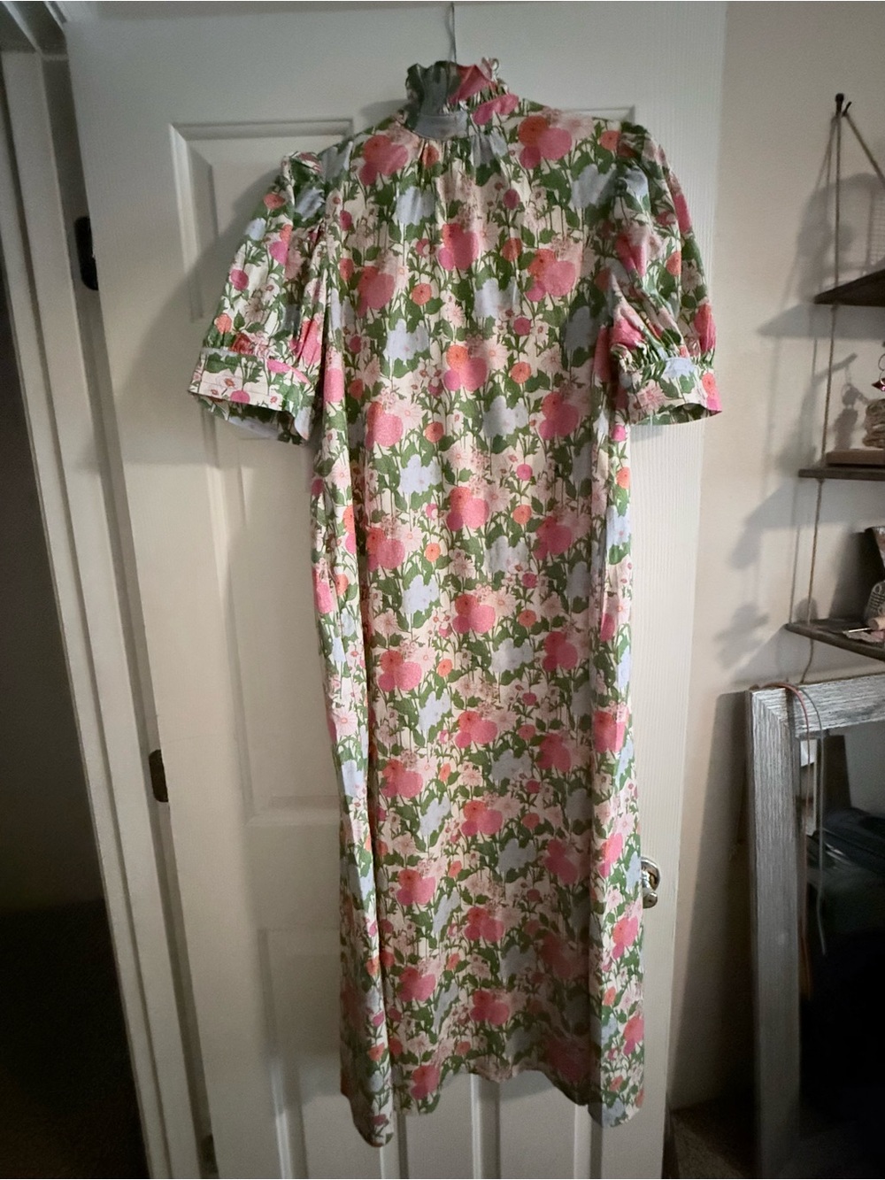 Floral Pink Green Midi Dress with Puff Sleeves